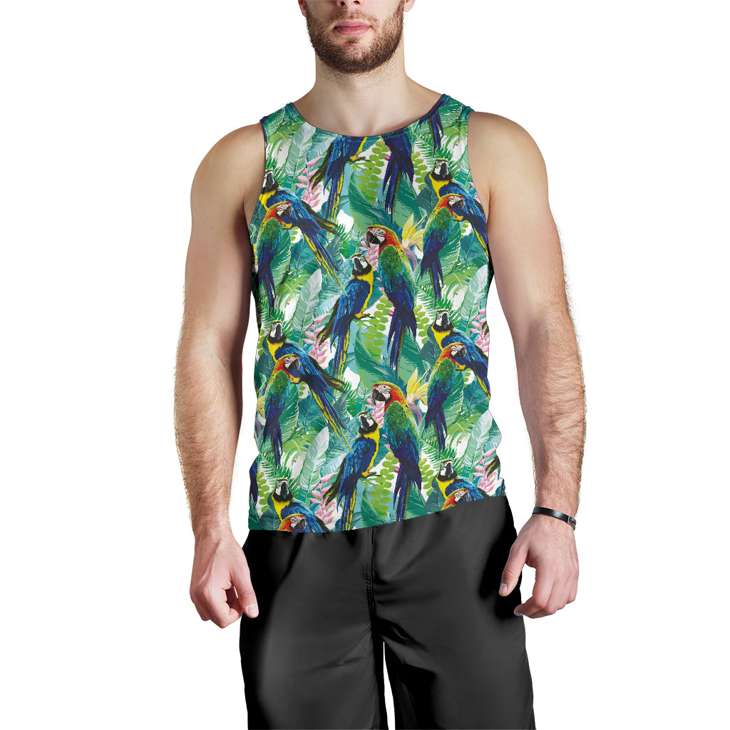 Colorful Parrot Exotic Flower Leaves Men Tank Top