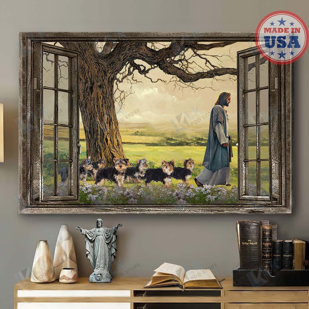 Yorkshire Peaceful Life Surround God Window Canvas | Framed, Best Gift, Pet Lover, Housewarming, Wall Art Print, Home Decor [Id3-T]