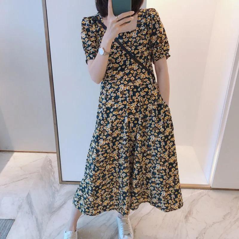 Summer French Retro Dresses Women Casual Floral Print Square Collar Dresses Puff Sleeve Loose Lady Vitange Dresses Vestidos alx