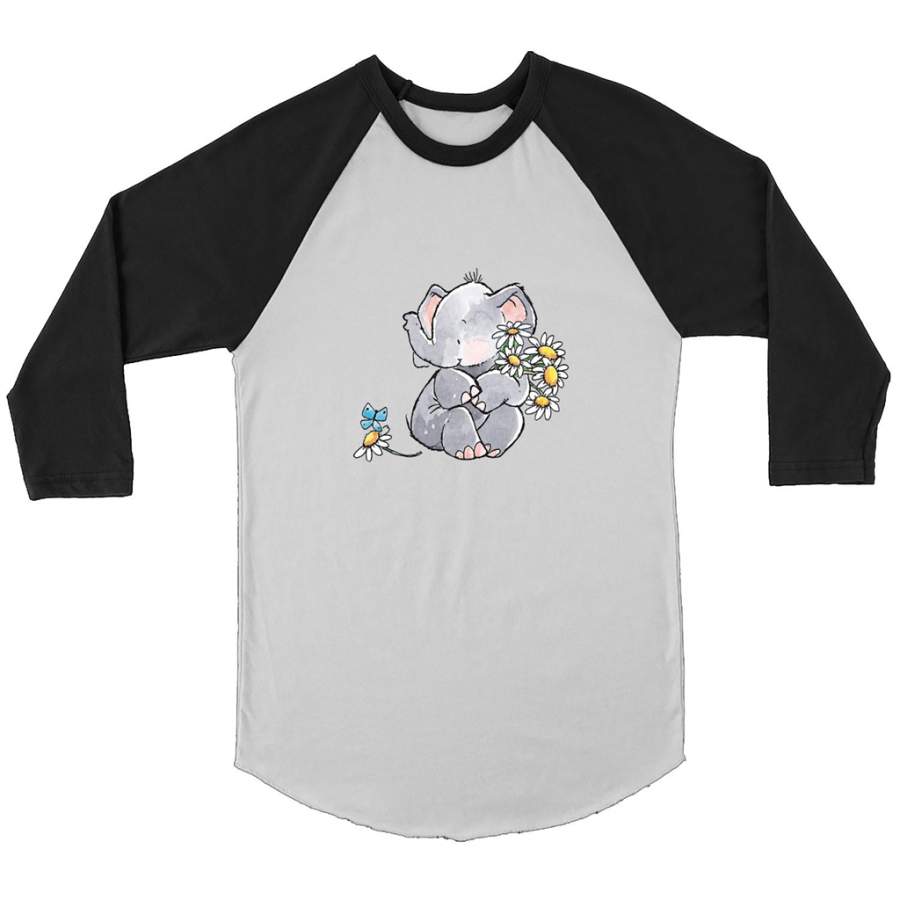 Watercolor Cute Baby Elephant With Butterfly and Flowers – Canvas 3/4 Raglan Shirt