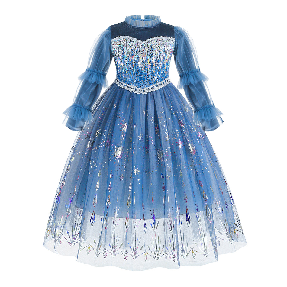 Autumn Winter Elsa Dress For Girl Frozen Sequin Snowflake Frock Halloween Party Flowing Ruffle Sleeve Princess Cosplay Costume alx