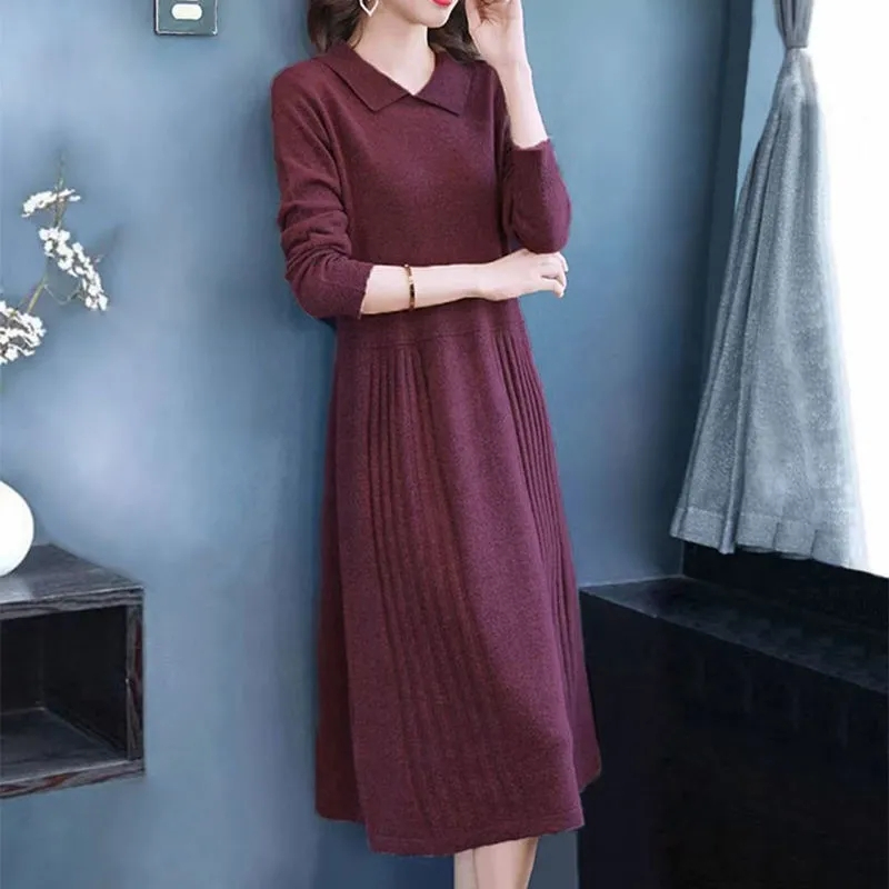 Casual Turndown Collar Knitted Dress Women Korean Fashion Loose Mid-Length Long Sleeve Dress Fall Elegant Solid Sweater Dresses alx