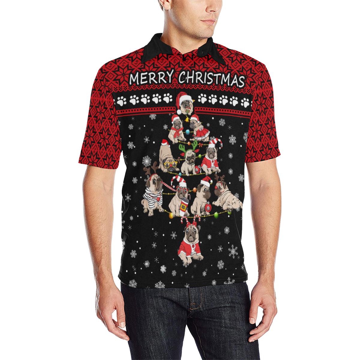 Pug Polo Shirt Christmas Tree K4