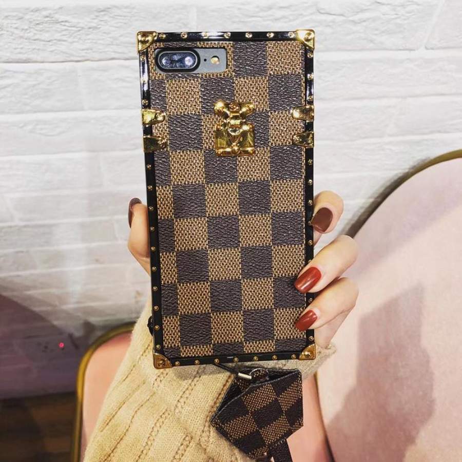 Luxury Square phone Case for iphone 8 case Vintage Lattice leather Soft back Cover for iPhone X 6 6S 7 8 plus coque with lanyard