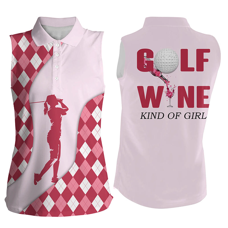 Sleeveless Polo Golf Shirts For Women, Golf & Wine Kind Of Girl Argyle Plaid Golf Shirt For Wine Lovers