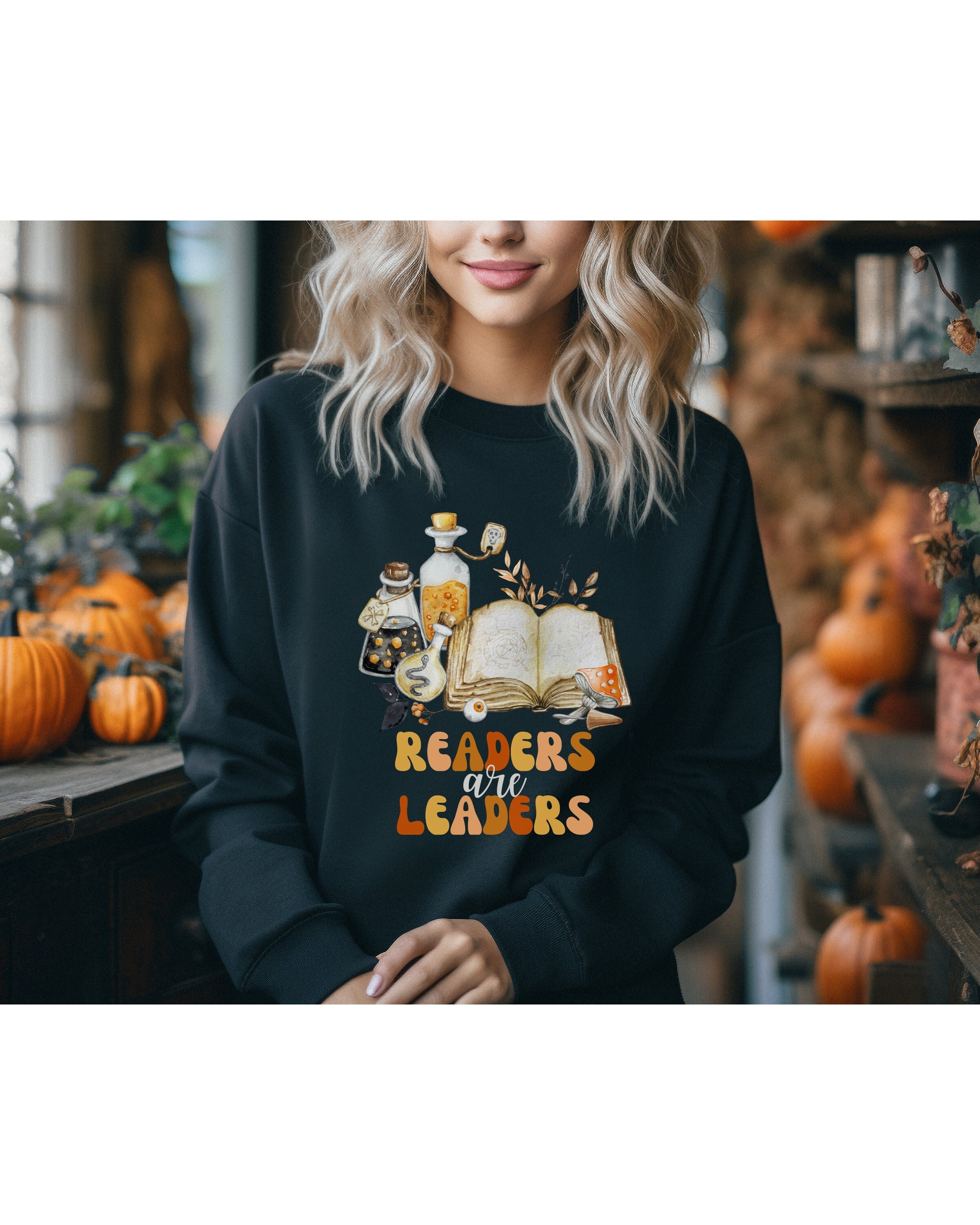 Readers are Leaders vintage Halloween Crewneck Sweatshirt, Halloween witch tee shirt, Book Lover, Retro Halloween, Teacher Librarian Gift