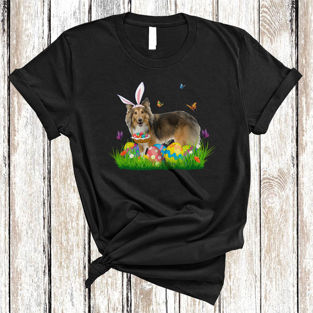 Bunny Shetland Sheepdog With Easter Egg Basket Cute Easter Butterfly Flower Egg Hunt Dog T-Shirt