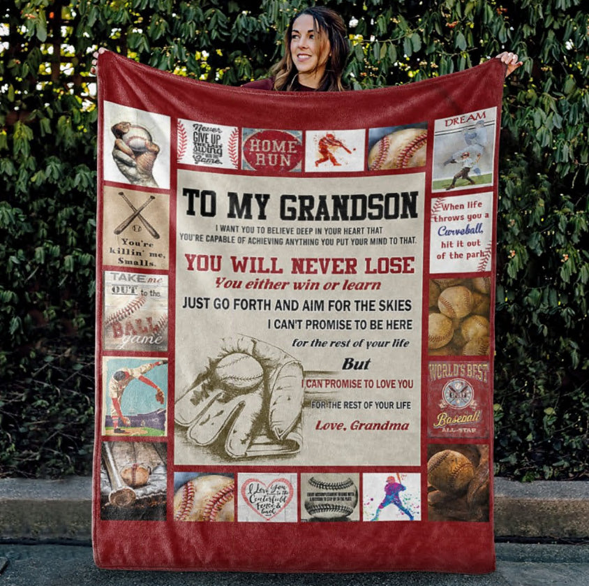 To My Grandson You Will Never Lose Gift From Grandma To Grandson Fleece Blanket Gift For Baseball Lovers Gift For Grandson Home Decor Bedding Couch Sofa Soft And Comfy Cozy