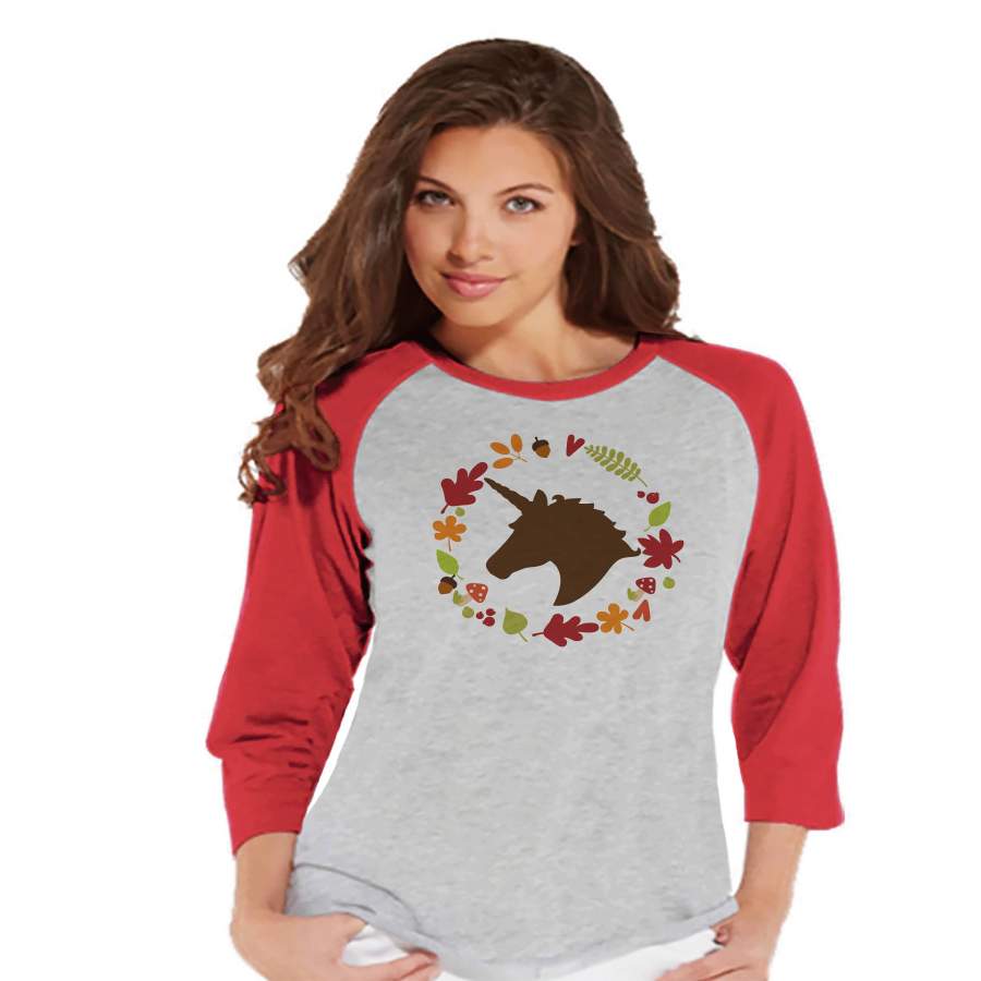 Women’s Unicorn Shirt – Fall Leaves Wreath Unicorn – Autumn Unicorn T-shirt – Womens Red Raglan – Cute Fall Unicorn Shirt – Gift for Her