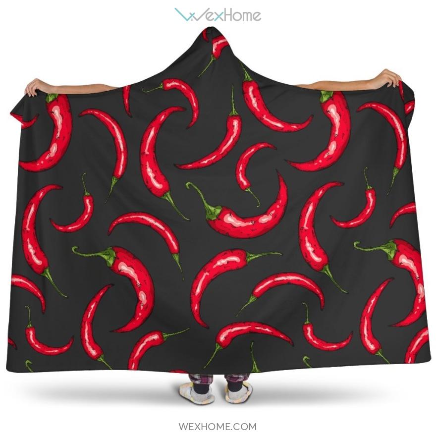 Chili Peppers Pattern Black Background Hooded Blanket