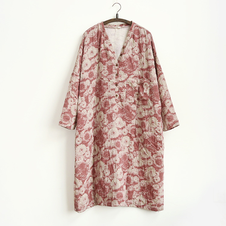 Women 2022 Autumn Long-sleeved Vintage Floral Print Cotton Linen Loose Dress Retro Loose Robes Dress Casual Dress alx