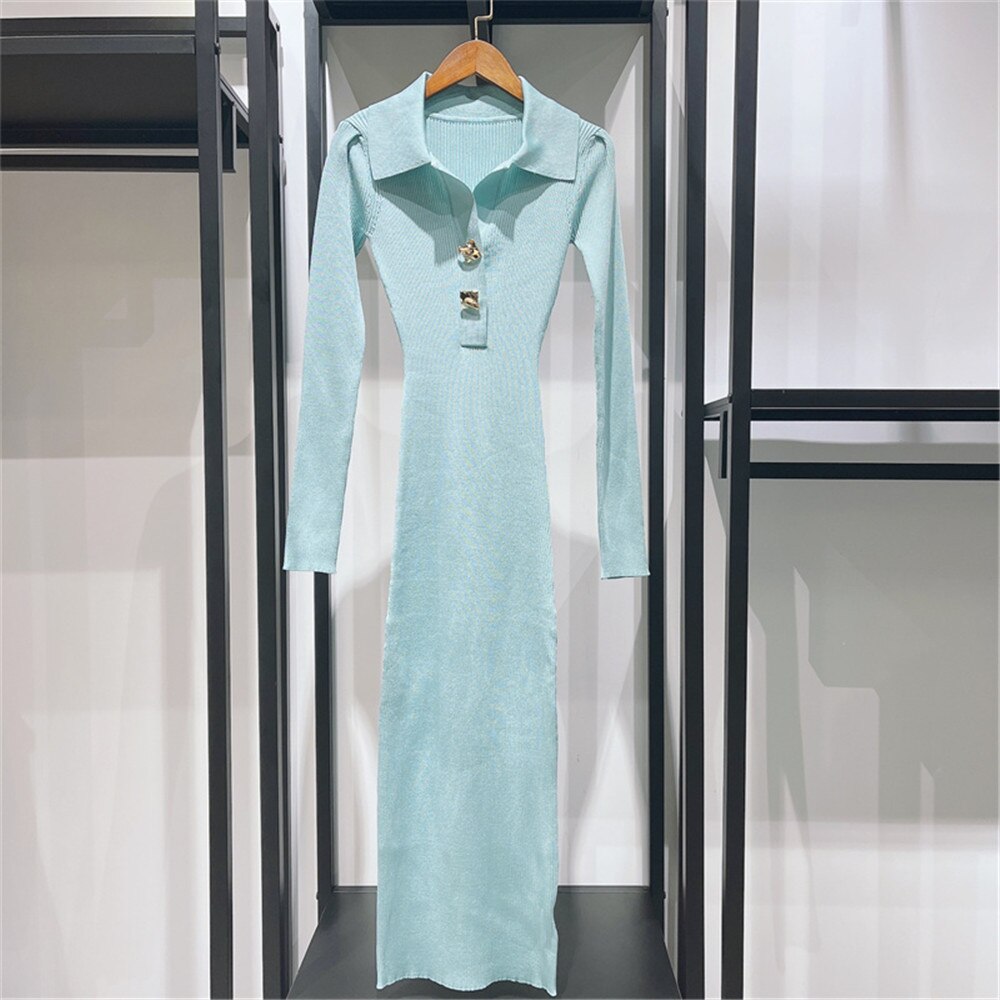 Women Knit Stretch Midi Dress Metal Button Slim V-neck Solid Color Ladies Robe 2022 Autumn alx