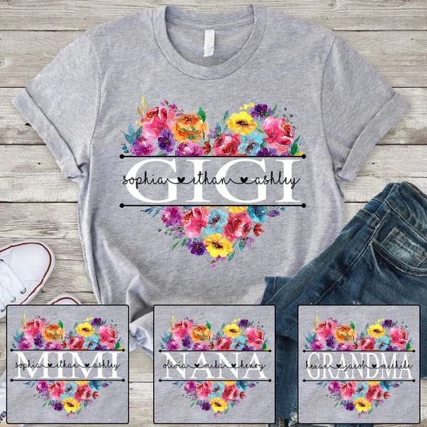 Customized Bright Watercolor Floral Gigi And Grandkids T Shirt For Mother’S Day