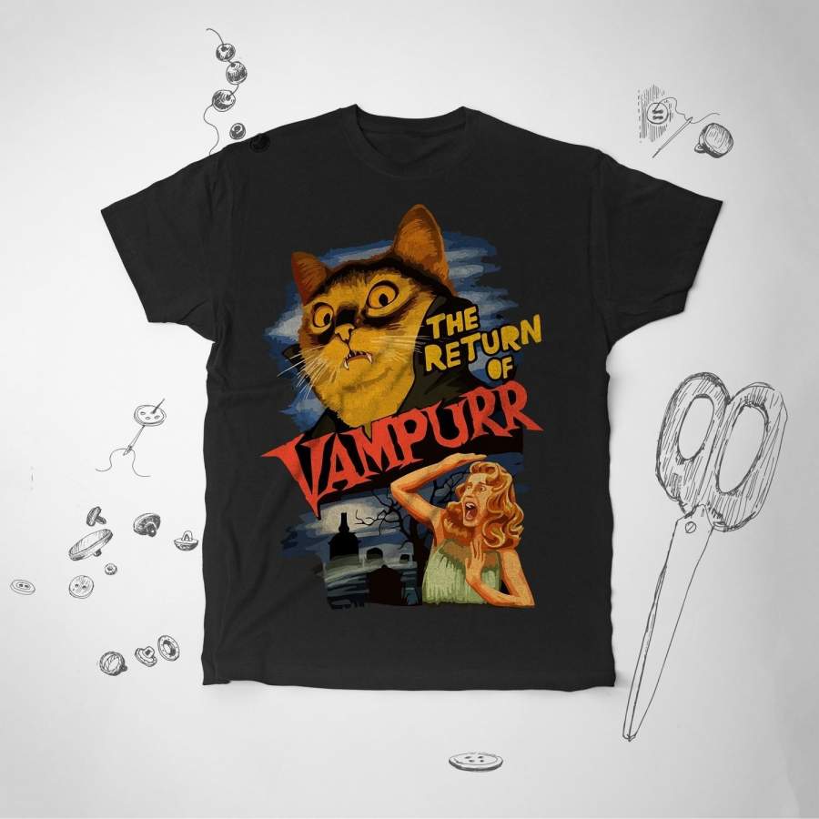 Halloween Horror T Shirt Cat Shirt Vintage 80s 70s Graphic Tshirt Cat T Shirt Men Kitten Shirt Men Retro Tshirt Funny Vampire Shirt