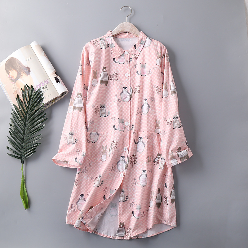 Spring and Autumn Woven Cotton Printed Women Shirt Cardigan Sleepwear Tops Comfortable Soft Homewear Nightgown with Button alx