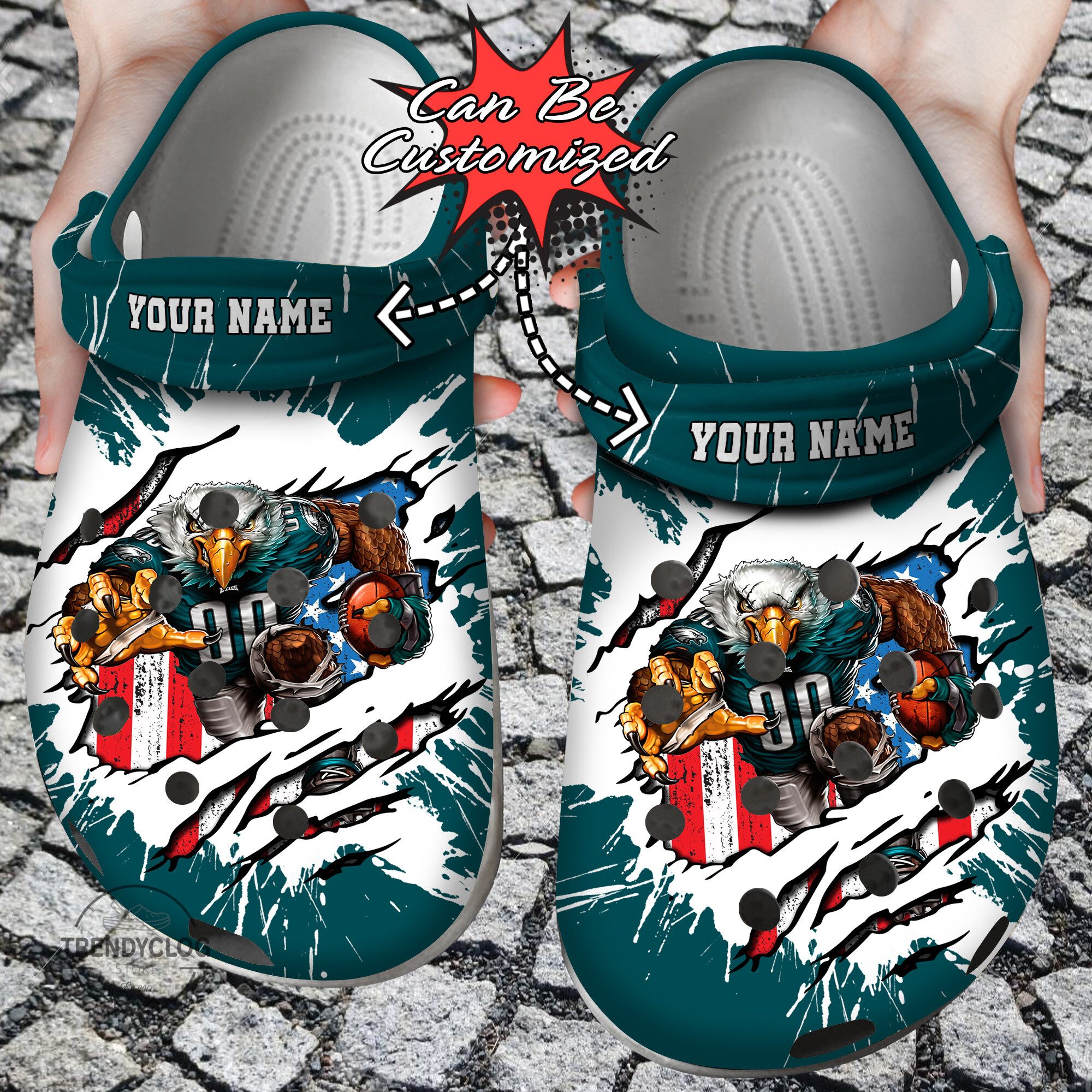 Football Crocs – Personalized P.Eagles Mascot Ripped Flag Clog Shoes