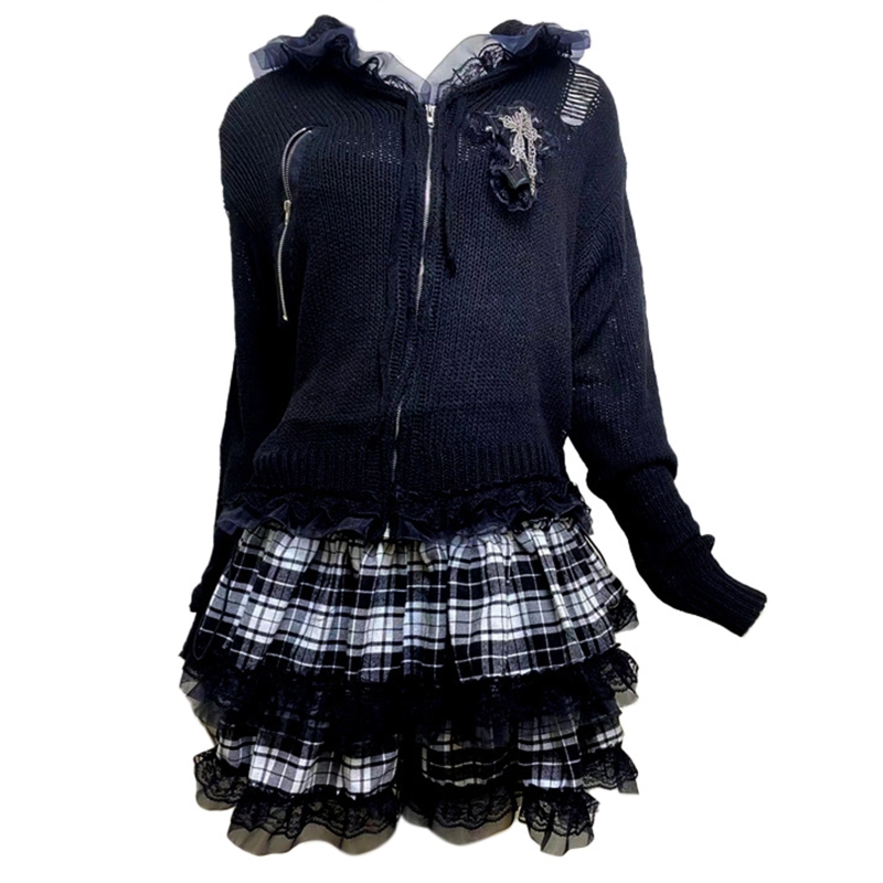 Women Gothic Hooded Sweater Coat Ripped Hole Lace Trim Zip Up Knit Short Jacket 13MD alx