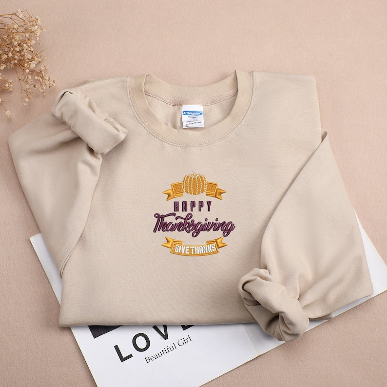 Fall Pumpkin Thanksgiving Embroidered Sweatshirt 2D Crewneck Sweatshirt All Over Print Sweatshirt For Women Sweatshirt For Men Sws3203