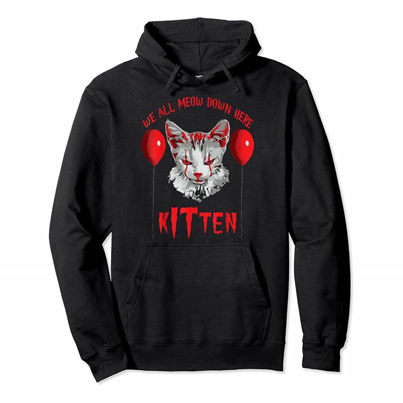 Clown Cat We All MEOW Down Here Kitten Halloween Scary Cat Pullover Hoodie, T-Shirt, Sweatshirt