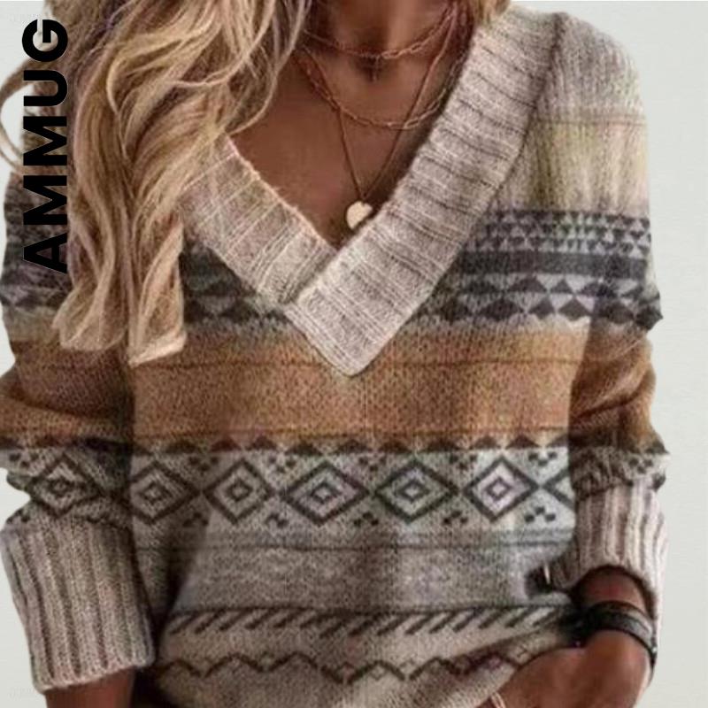 Ammug Women Sweater Fashion Knitted Popular Casual Sweaters Women Loose Pullovers Vintage Women’s Sweater V-neck Chic Tops alx