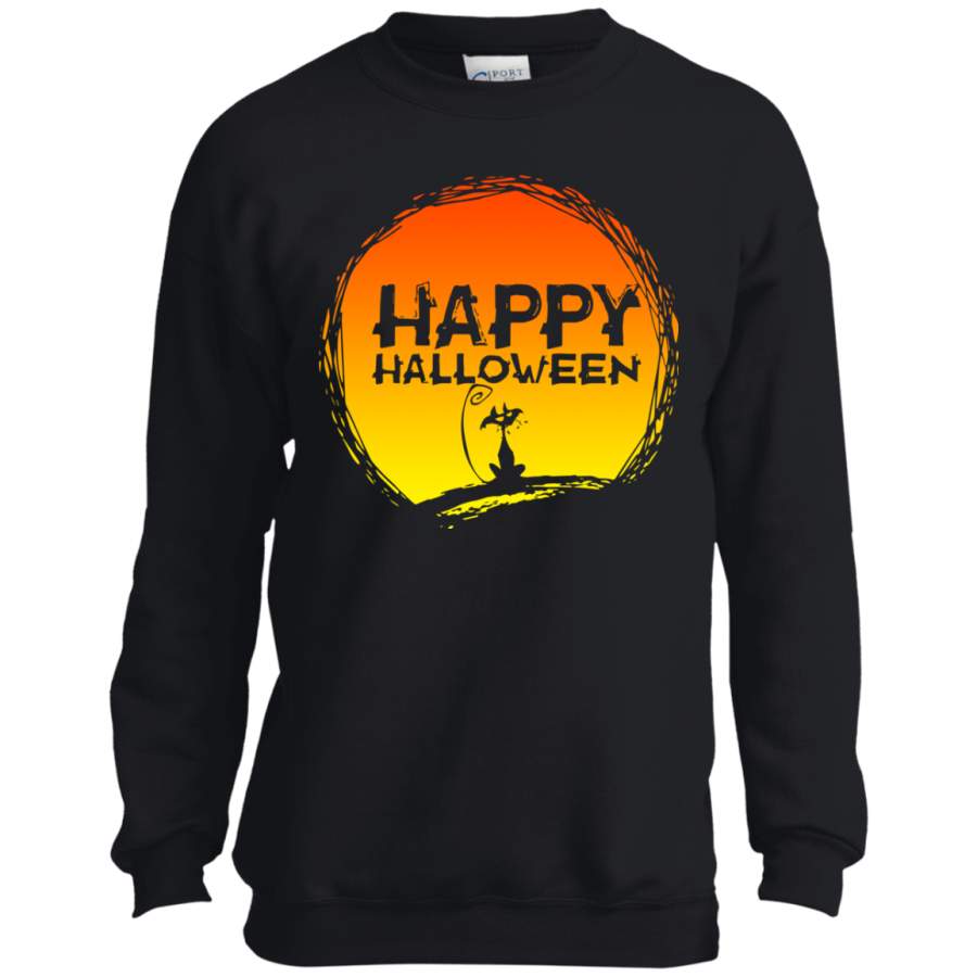 Happy Halloween Black Cartoon Cat Youth LS shirt/Sweatshirt/Hoodie