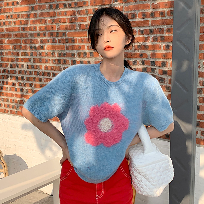 Apricot Short-sleeved Knitted Sweater Women’s Spring and Autumn 2022 New Korean Loose Short Round Neck Print Pullover Top Female alx