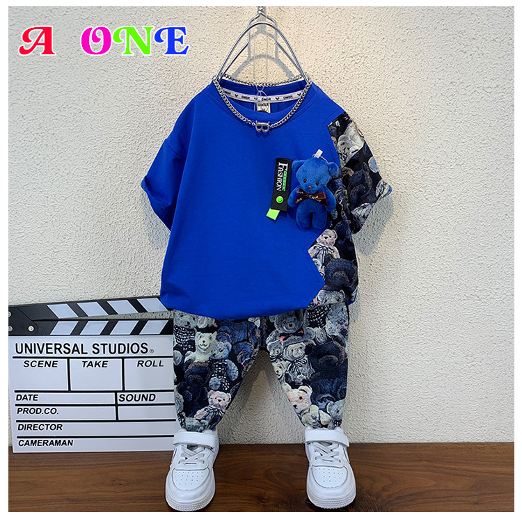 summer boys set baby suit kids clothing t-shirt + pants 2 pcs set fashion bear embroidery stylish clothes boys clothes 2-12y alx