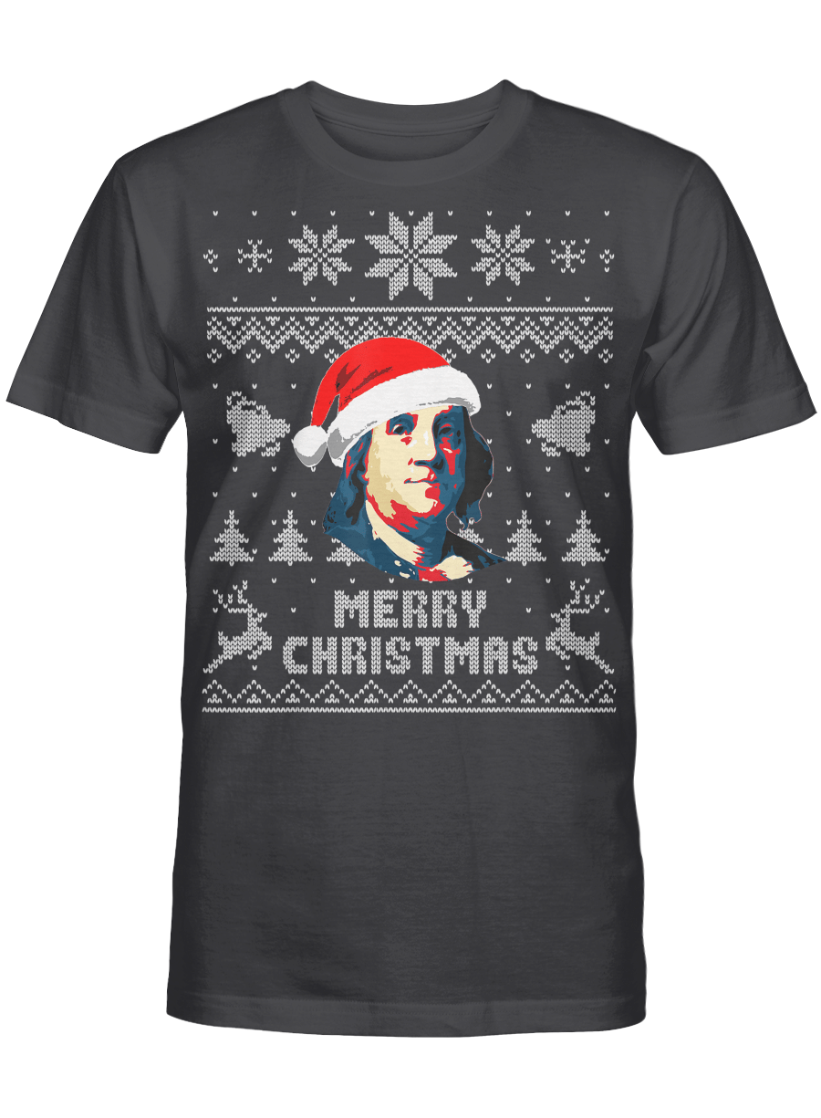 AmazeStyleZ Santa’s Reindeer, Ugly Christmas Sweater, Christmas Gift Ideas, Benjamin Franklin Merry Christmas T-Shirt