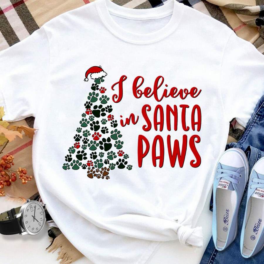 Paw print christmas tree believe in santa paws santa hat white cotton t shirt for men and women S-6XL