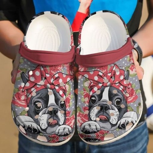 Awesome Boston Terrier Floral Crocband Personalized Name Clog Shoes ...