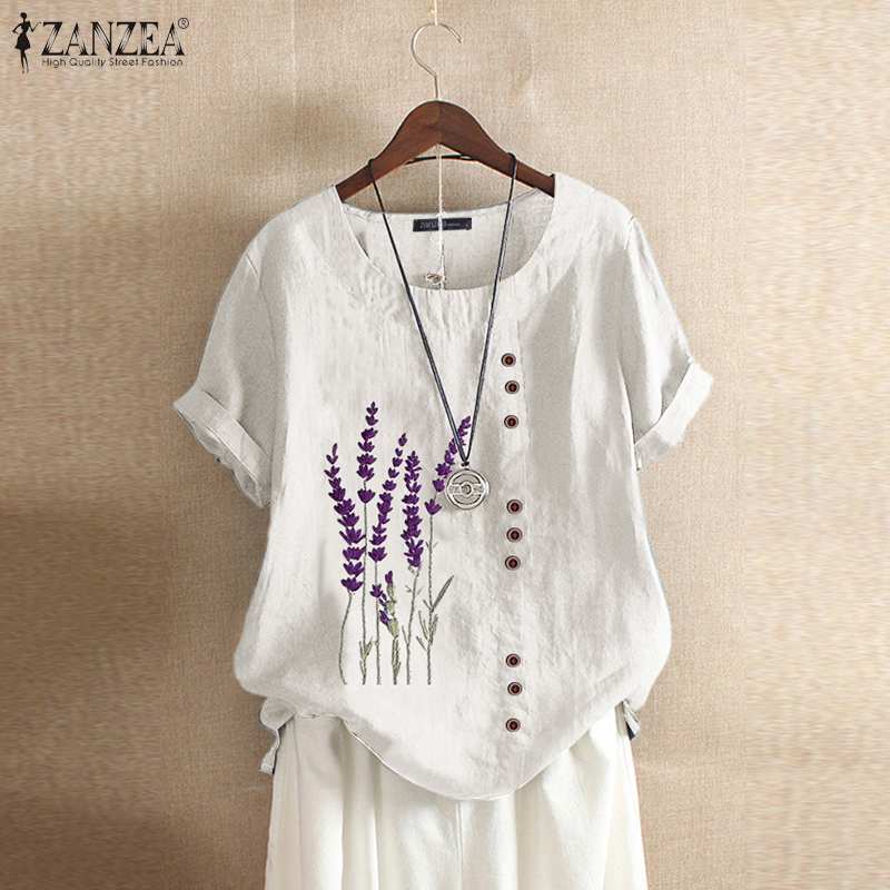 Summer Embroidery Tops Kaftan Women’s Blouse 2022 ZANZEA Short Sleeve Tee Shirts Female O Neck Blusas Casual Tunic alx