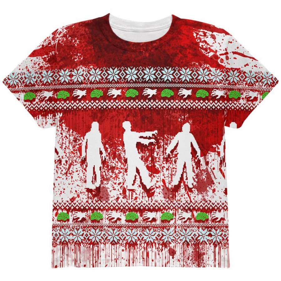 Ugly Christmas Sweater Bloody Zombie Attack Survivor All Over Youth T Shirt