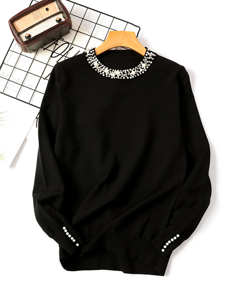 Autumn Winter Pearl Beaded Women Long Sleeve Sweaters Knitted White Black Knitwear Slim-fit Top Luxury Designer Sweater Women alx