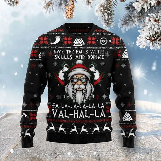 Viking Deck The Halls With Skull And Bodies 3D Print Polyester Wool Knitting Pattern Ugly Sweater