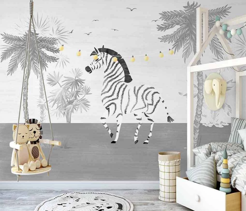 3D Hand Drawn Grey Palm Tree Leaves Plant Zebra Animal Background Wall Mural Wallpaper Lxl