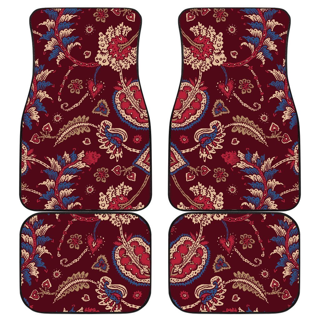 Maroon Vintage Bohemian Floral Print Front And Back Car Floor Mats, Front Car Mat