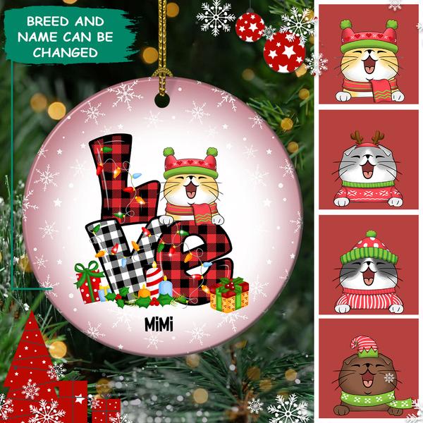 Love Christmas – Buffalo Plaid Circle Ceramic Ornament – Personalized Cat Lovers Decorative Christmas Ornament