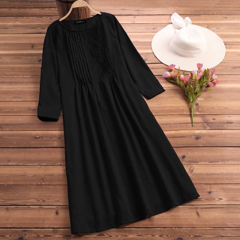 Vintage Pleated Midi Dress Women’s Spring Sundress ZANZEA 2022 Casual Long Sleeve Vestidos Female Pleated Robe Femme alx