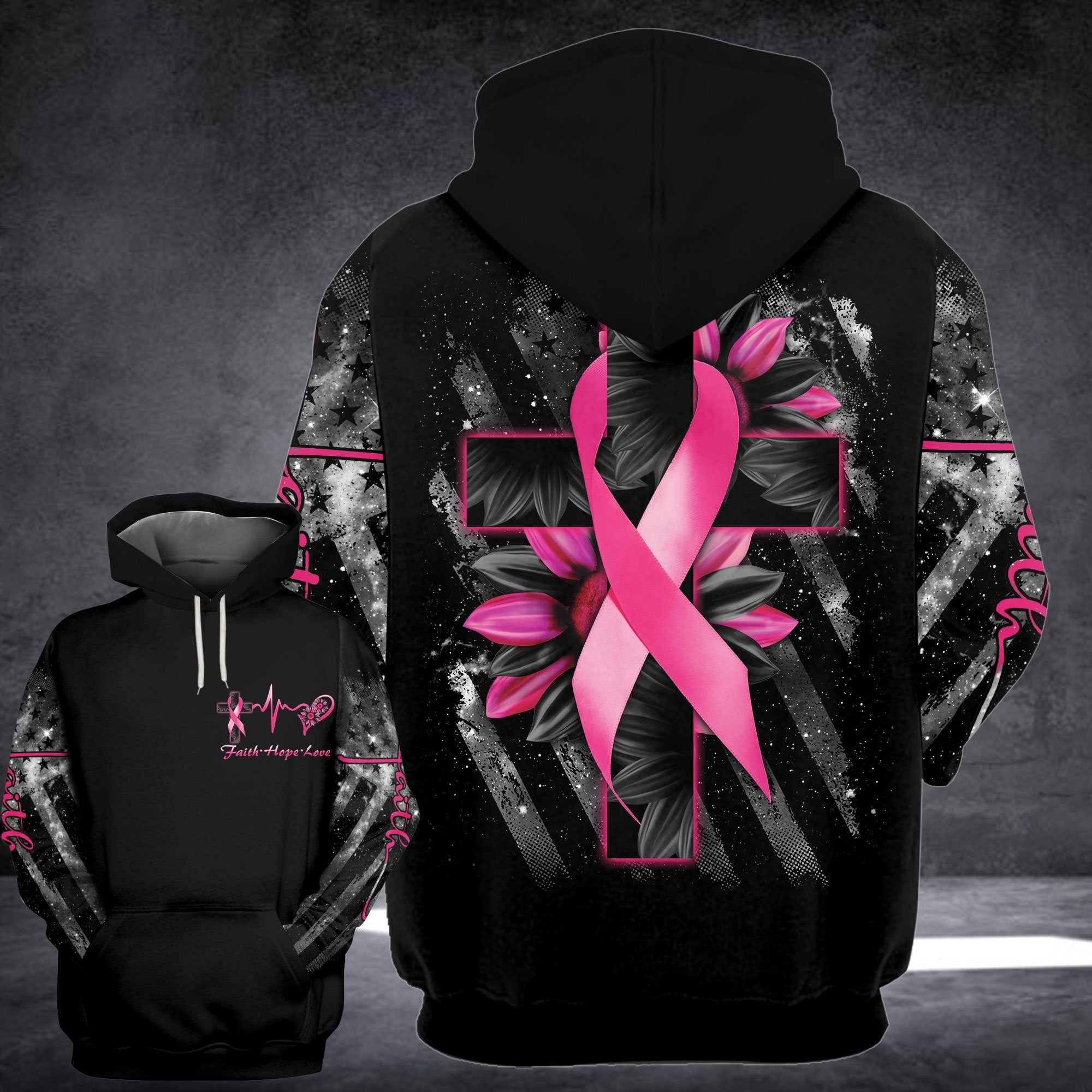 Gifury Breast Cancer Shirt Breast Cancer Awareness Faith Hope Love Ribbon With Sunflower And Cross Black Hoodie Breast Cancer Hoodie