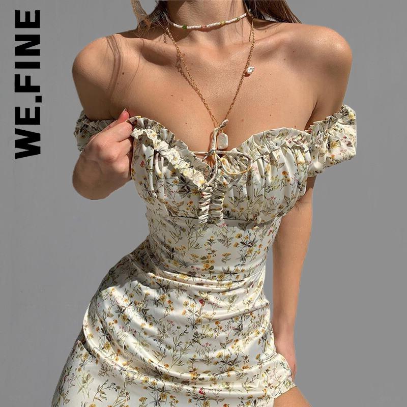 We.Fine Dress Women Fashion Sexy Lace Up Side Split Floral Off Shoulder Puff Sleeve Maxi Dress Holiday Vintage Dress Woman alx