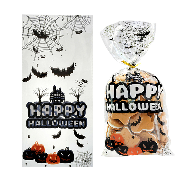 50pcs Hallwoeen Pumpkin Skull Cat Candy Bag Transparent Cellophane Food Plastic Pack Gift Bags Halloween Party Decor alx