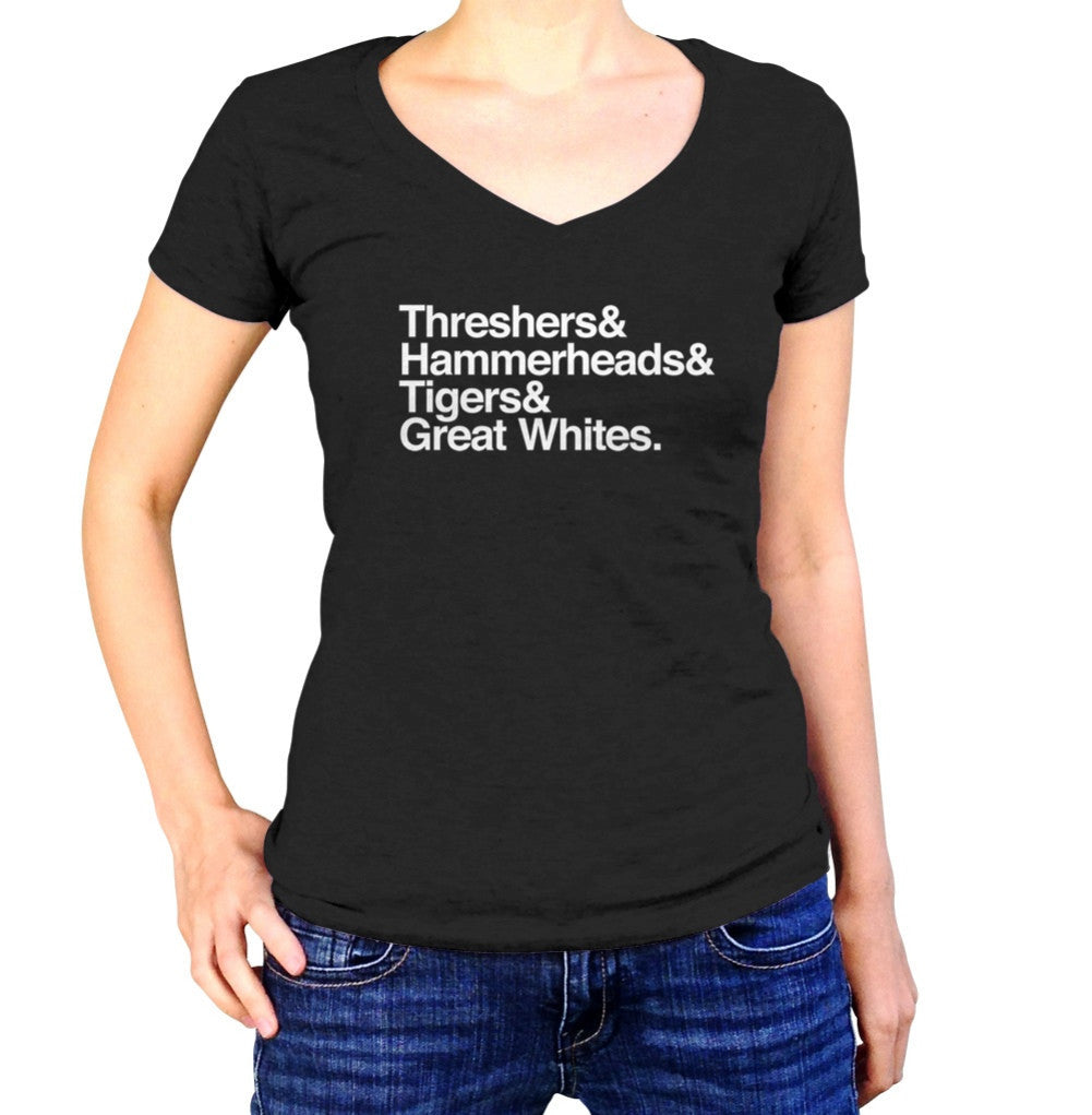 Women’S Threshers And Hammerheads And Tigers And Great Whites Shark Vneck T-Shirt