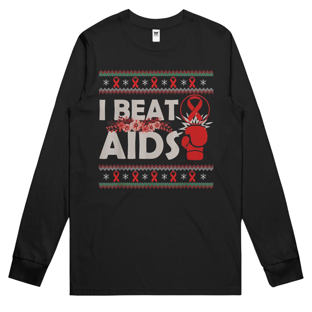 I Beat Aids Awareness Day Red Ribbon Ugly Christmas Sweater Long Sleeve T Shirts