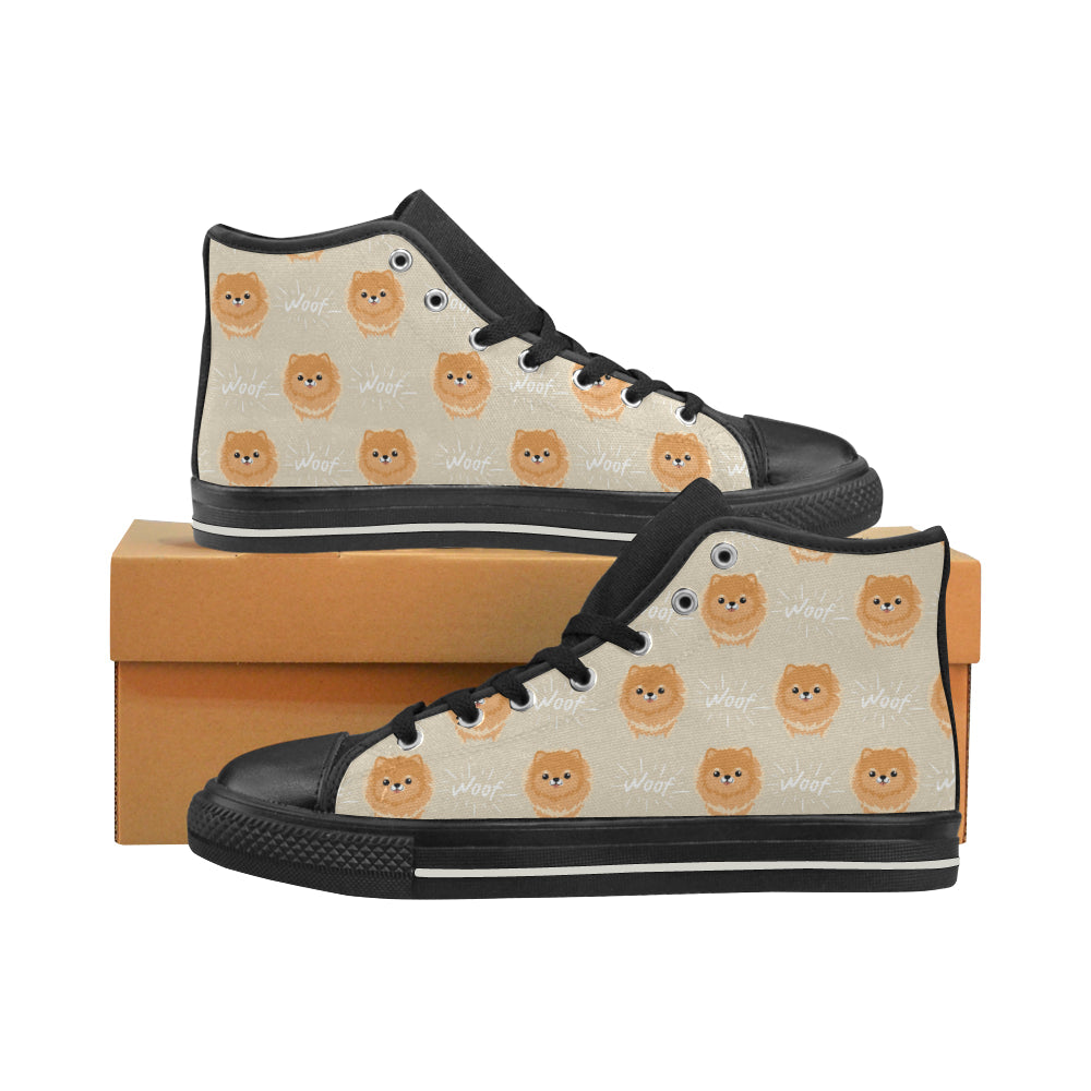 Cute Brown Pomeranian Puppy On Blue Men’S High Top Canvas Shoes Black Gift For Men Women