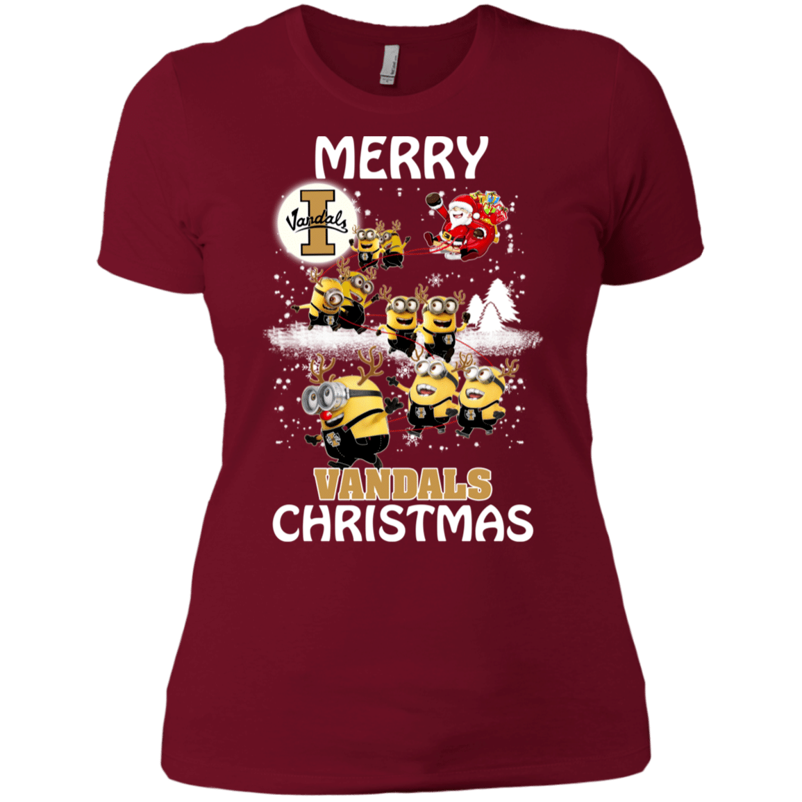 Check out this awesome Idaho Vandals Ugly Christmas Sweaters Minions Santa Claus Merry Christmas Women’s T-Shirt