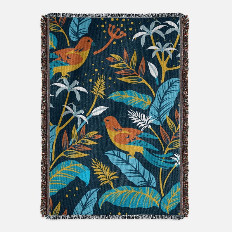 Birds On Leaves Vintage Retro Style Couch Sofa Blanket,  Woven Throw Blanket Home Decor