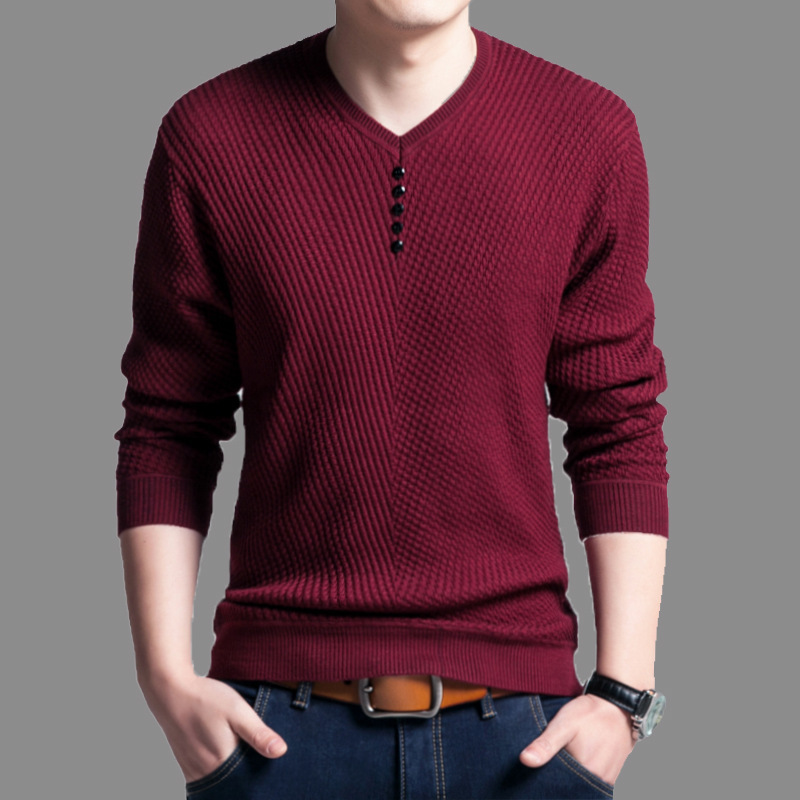 Autumn Men’s Knit Pullover Button Decoration Solid V neck Long Sleeve Thin Sweater Fashionable Male Casual Clothing for Spring alx