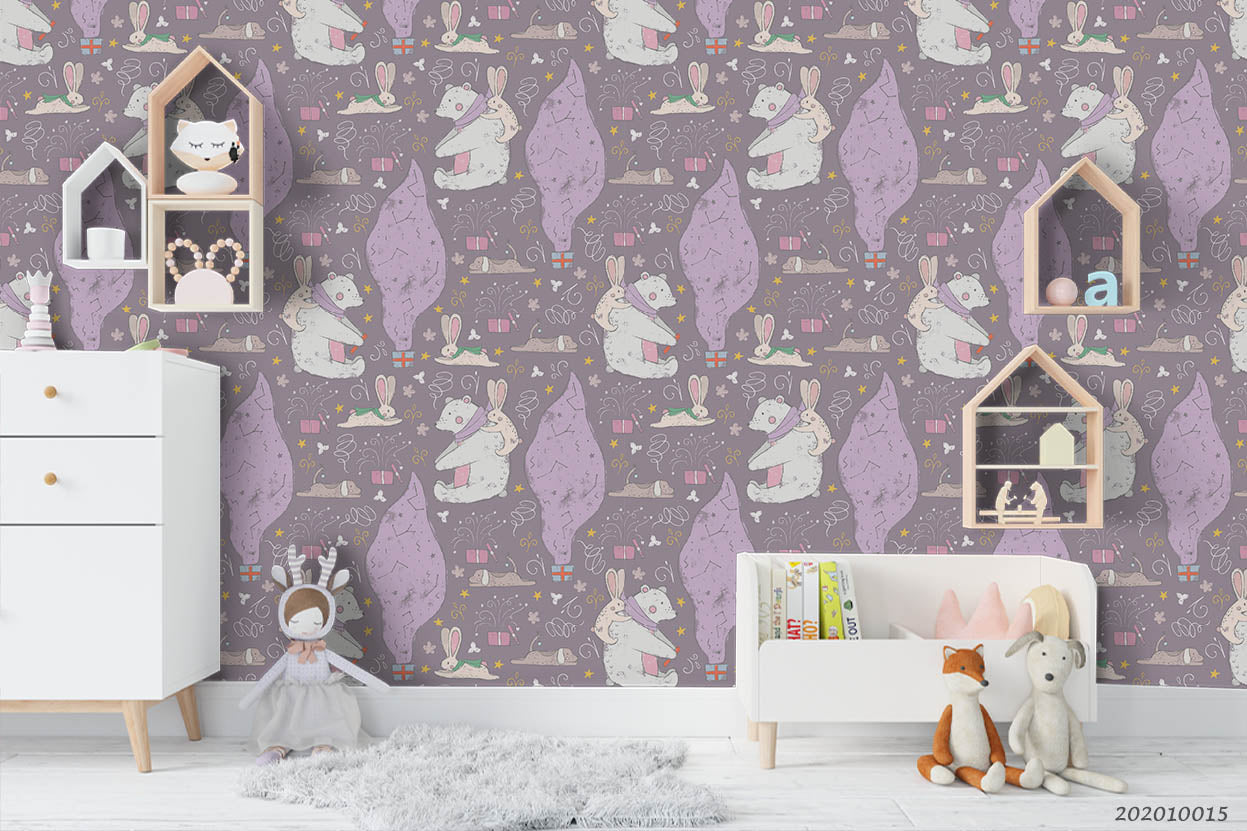 3D Cartoon Bear Rabbit Pattern Wall Mural Wallpaper Wj 5129