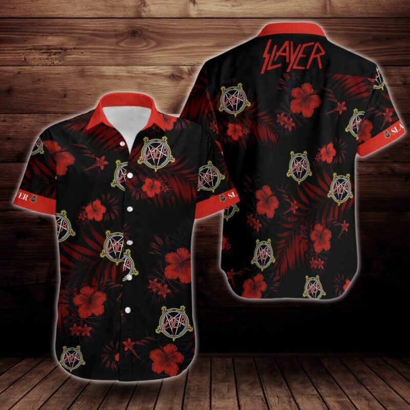 Slayer Rock Band Music Flower Hawaii Graphic Print Short Sleeve Hawaii Casual Shirt Ha51457