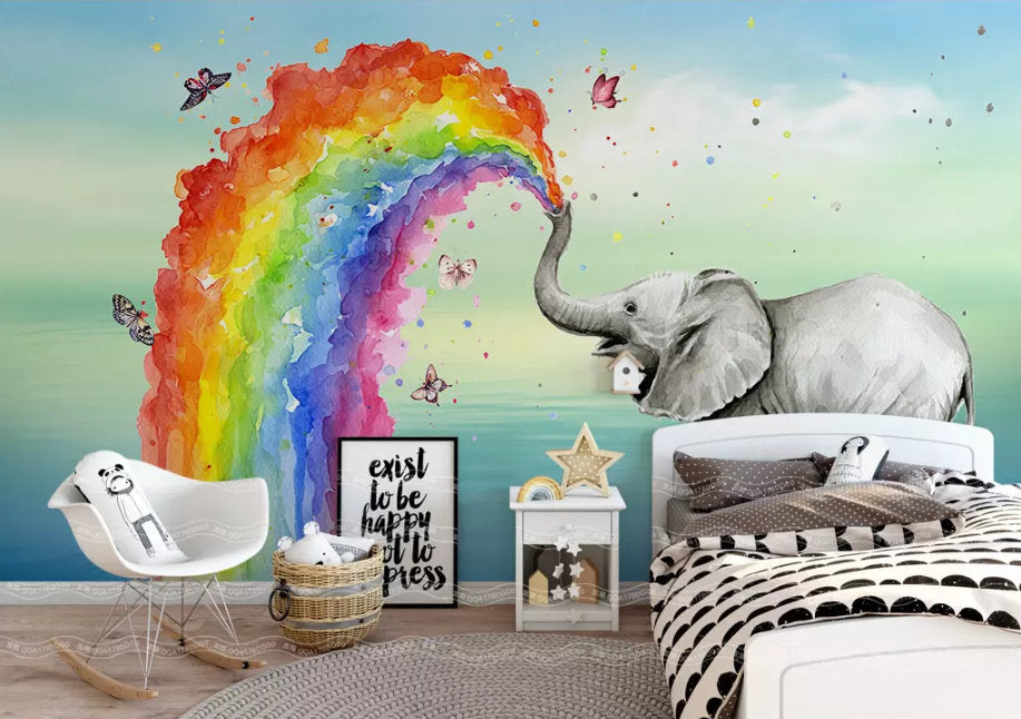 3D Kids,Watercolor, Rainbow,Elephant Wallpaper-Nursery